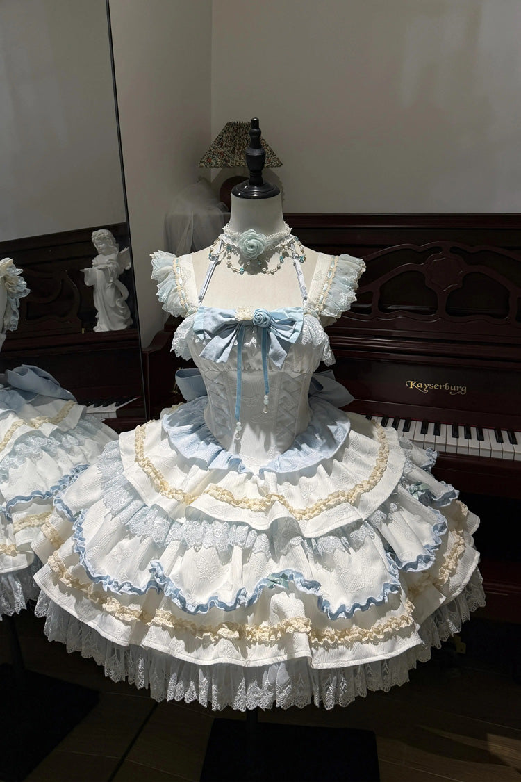 Floral Bell Dream Square Neckline Multi-Tier Ruffle Embroidered Bow Corset Lolita JSK Dress