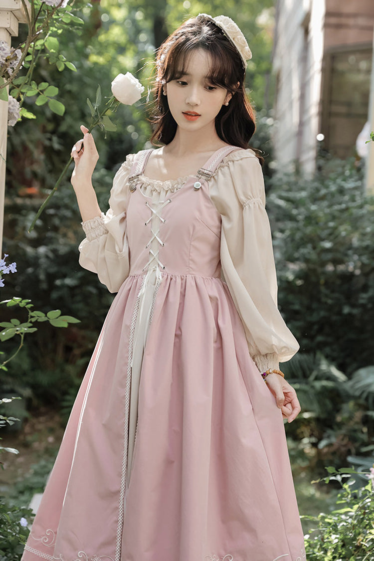 Square Collar Lolita Two-Piece with Lace-Up & Ruffled Details