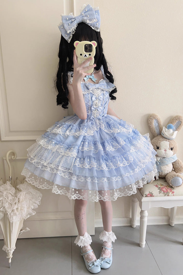 Blue Love Overture Multilayer Ruffled Bowknot Lace Sweet Lolita JSK