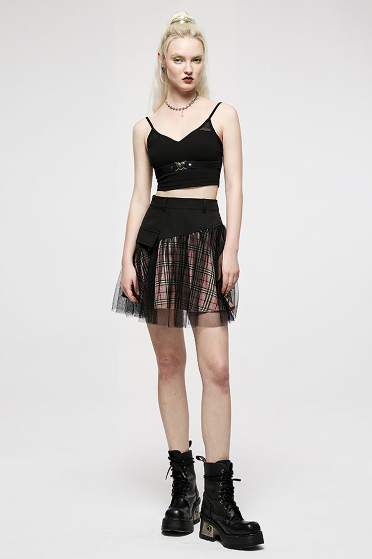 Pink & Black Punk Mesh Skirt with Pocket Accents & Waist Detail