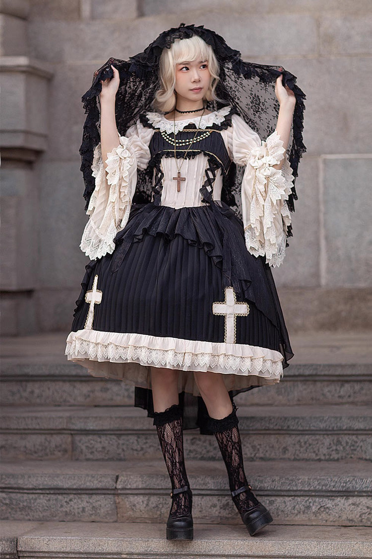 Black Gothic Lolita Dress with Cross Embroidery and Eternal Life Song Print
