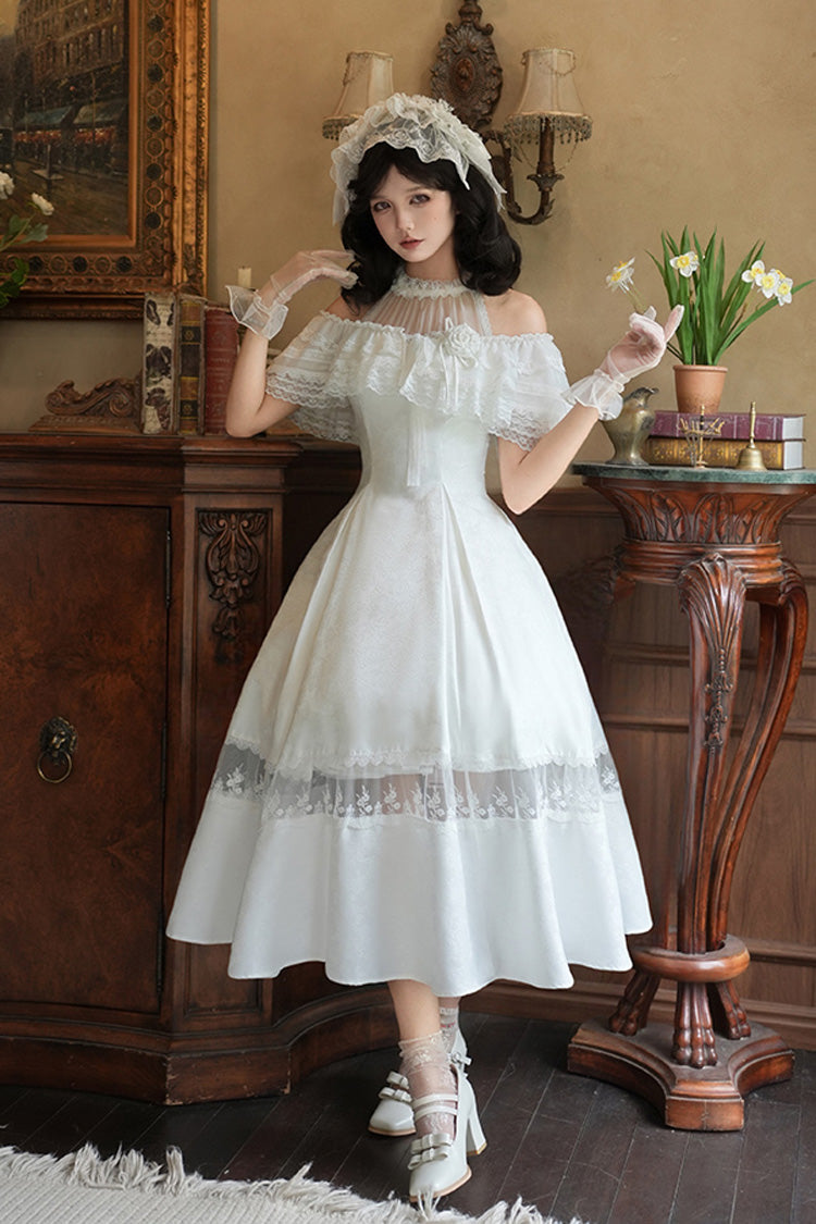 Snow Off Shoulder Halterneck Printed Ruffle Gothic Elegant Dress - Flowers in the Mist