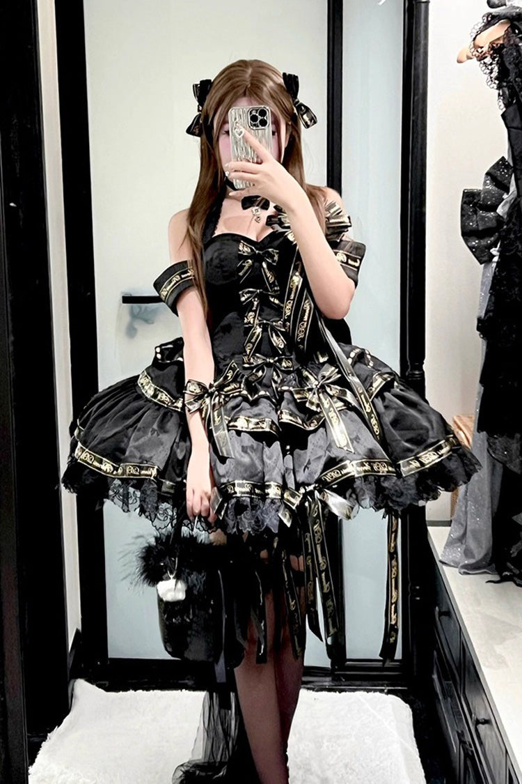 Noir Halter Neck Layered Ruffle Bow Princess Gothic Dress - Young Lady