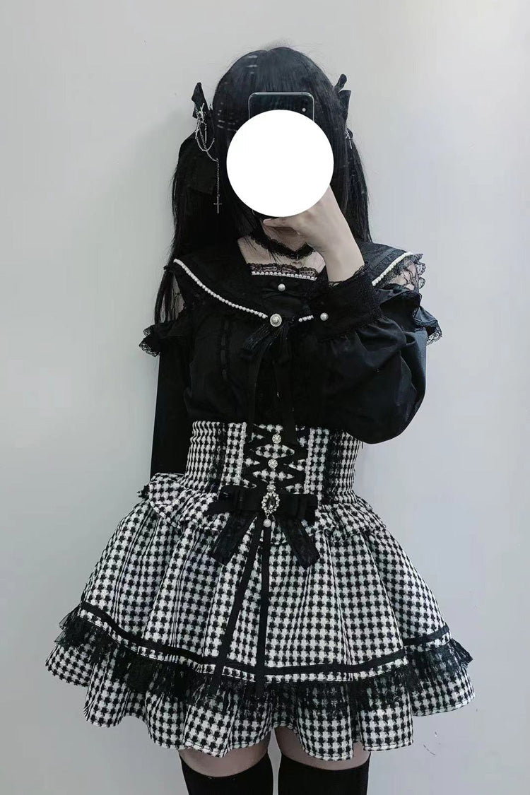 Black White Houndstooth Bow Lace Lace-Up Jirai Kei Skirt