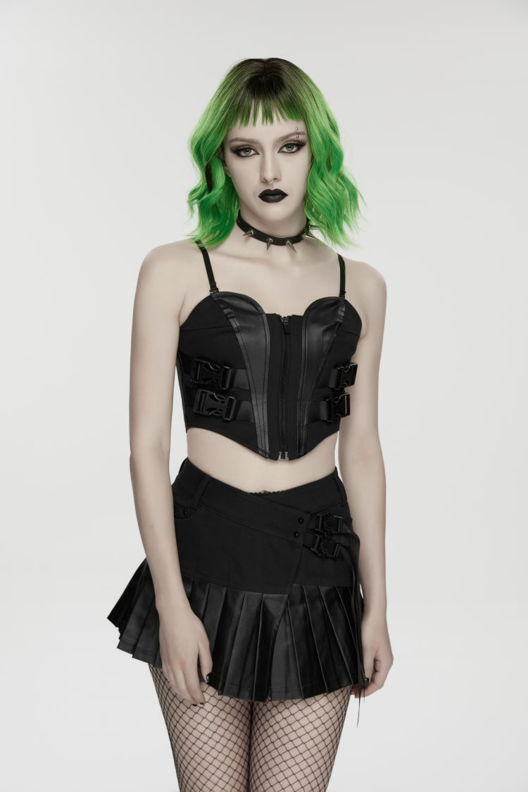 Noir Punk Corset with Lace-Up and Color Blocking