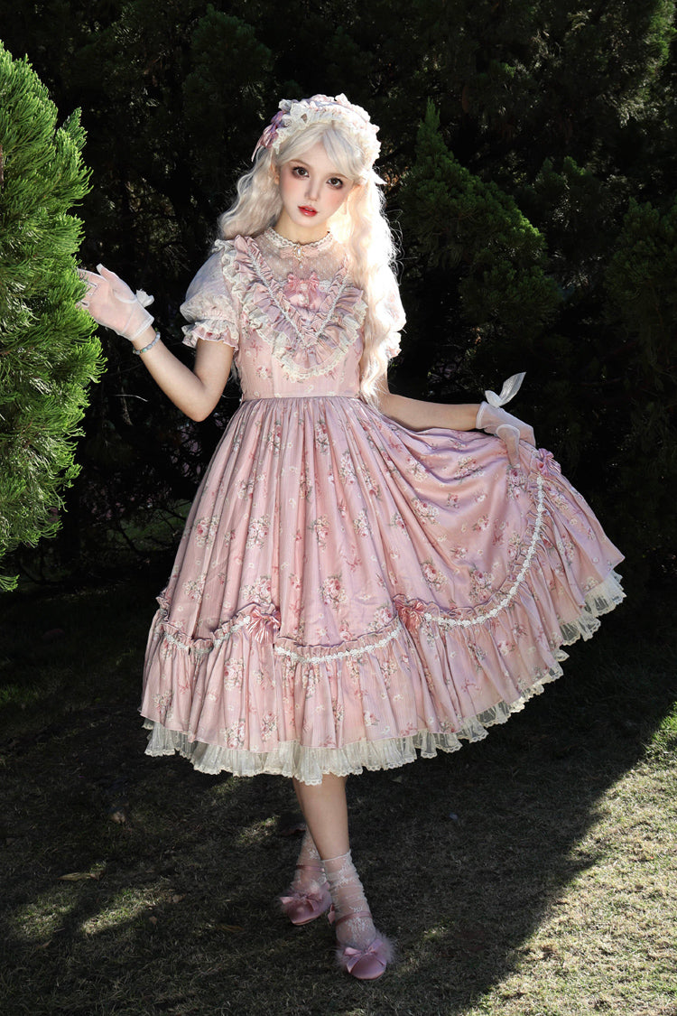 Daydream Rose Floral Jacquard Print Ruffle Embroidered Bow Sweet Lolita Dress in Three Shades