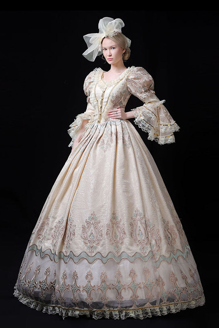 Champagne Lace Victorian Gown with Embroidered Floral Pattern - Altfashion Shop