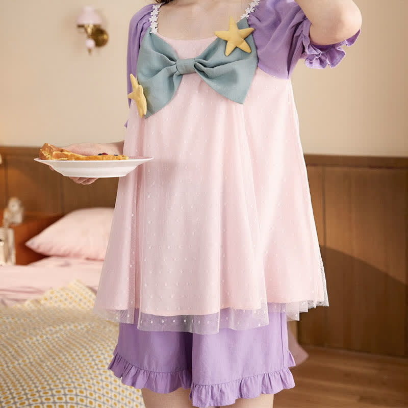 Square Collar Bowknot Mesh Mermaid Nightgown Pajamas Set