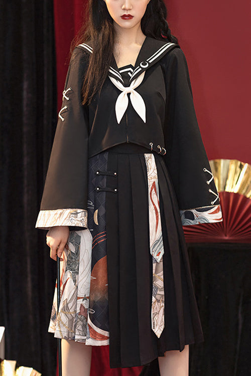 Classic Lolita Dress Set with Chinese Elements, Asymmetric Pleats and Bad Girl Print