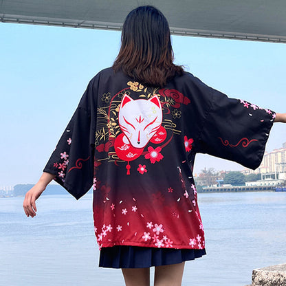 Charming Sakura Fox Print Kimono Outerwear