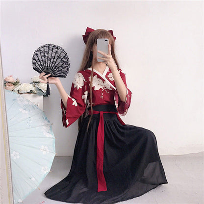 Floral Red Black Hanfu Costume Set