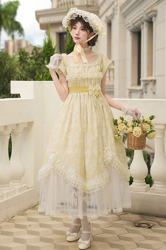 Golden Square Collar Short Sleeve Printed Ruffle Lace Sweet Elegant Long Gown - Falling Flowers as a Message