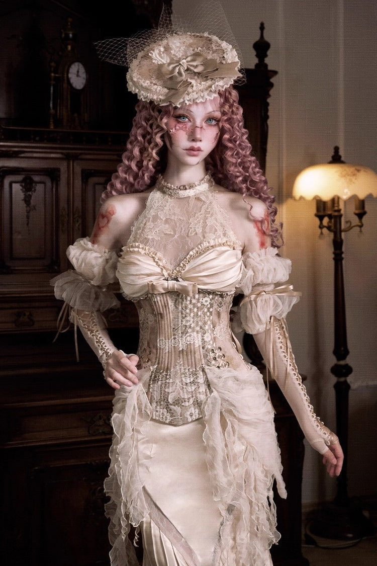 Halterneck Ruffled Embroidered Bow Lace Slim Fishbone Gothic Lolita Top and Skirt Dress Set