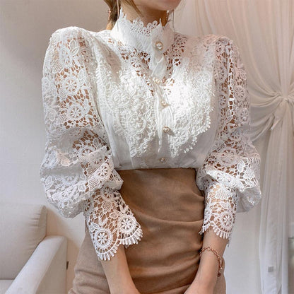 Elegant Pearl Hollow Out Lace Shirt