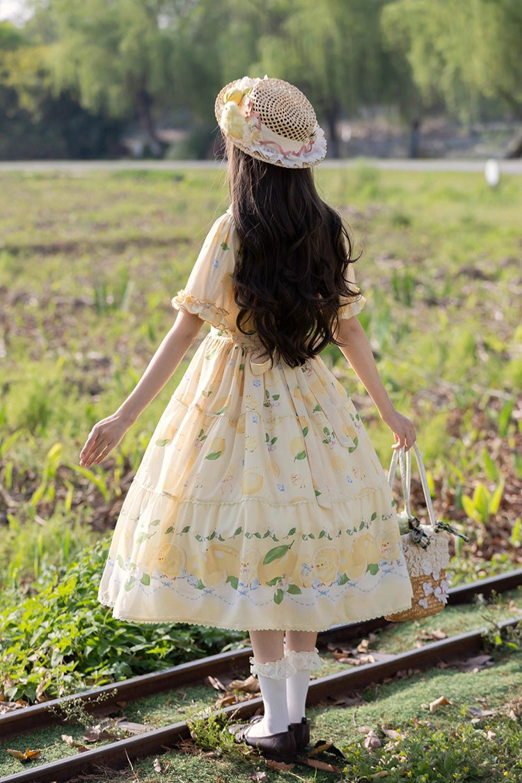 Lemon Chicken Print Short Sleeve Ruffled Bow Lace Daily Sweet Lolita Dress - Yellow
