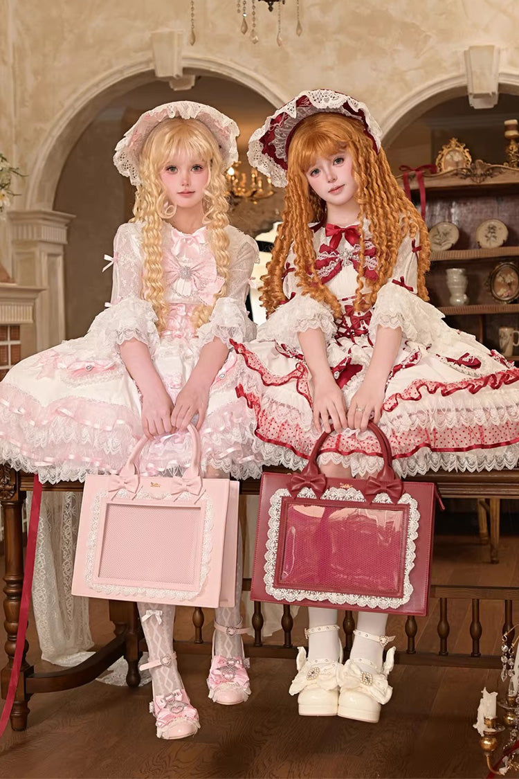 Crimson Snowberry Square Collar Sleeveless Double-Layered Ruffled Bow Lace-Up Sweet Elegant Jsk Dress