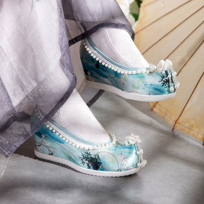 Tie-dye Floral Print Pearl Decor Shoes