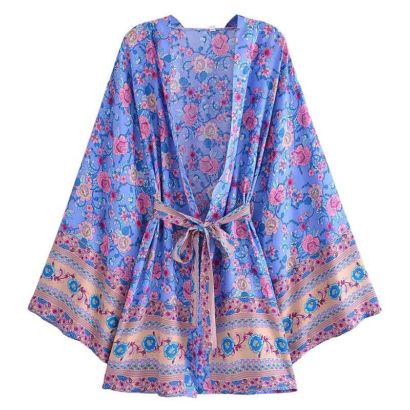 Boho Flower Print Belt Cardigan Outerwear