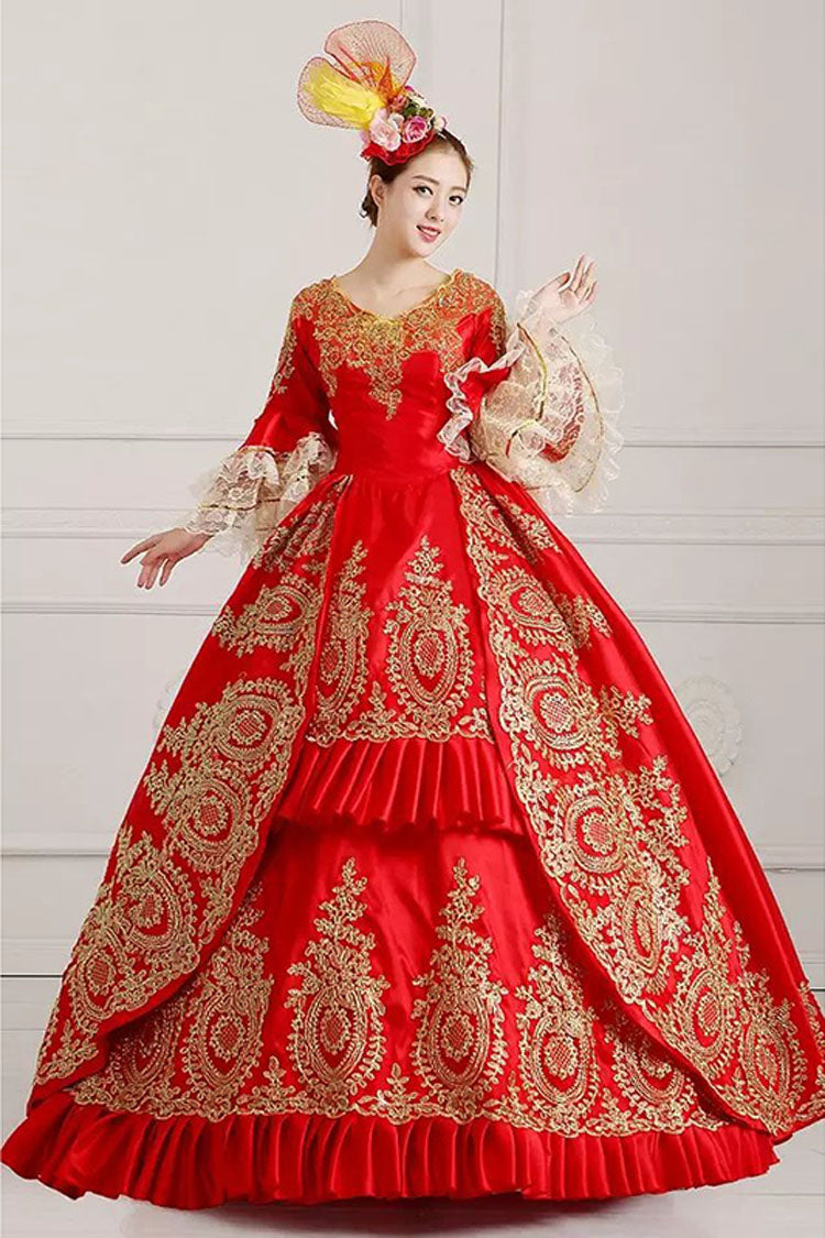 Layered Floral Embroidered Victorian Gown with Fluted Sleeves