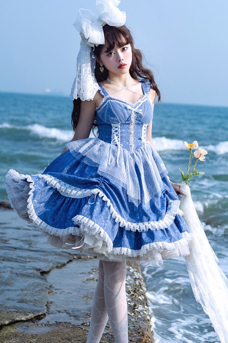 Blue Drawstring Pull-Up Hem Elegant Sweet Dress