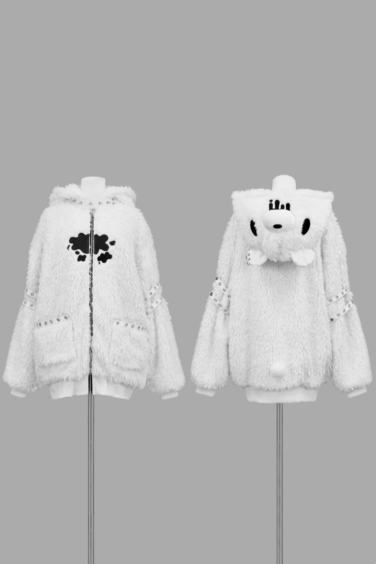 White Long Sleeve Bear Ear Hooded Zippered Gothic Jirai Kei Coat
