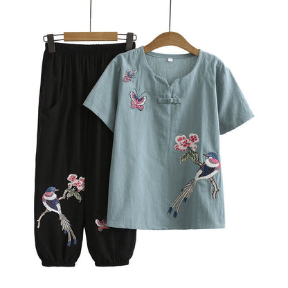 Vintage Bird Embroidery Buckle T-Shirt Pants Set