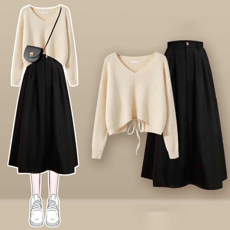 Chic Lace Up Knit Sweater A-line Skirt Set