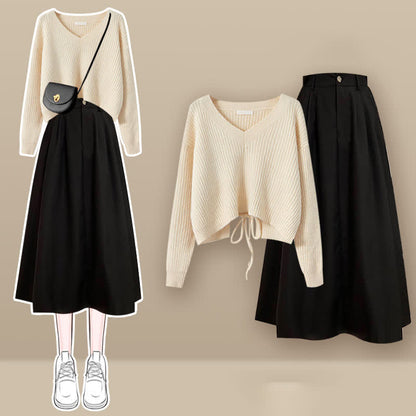 Chic Lace Up Knit Sweater A-line Skirt Set