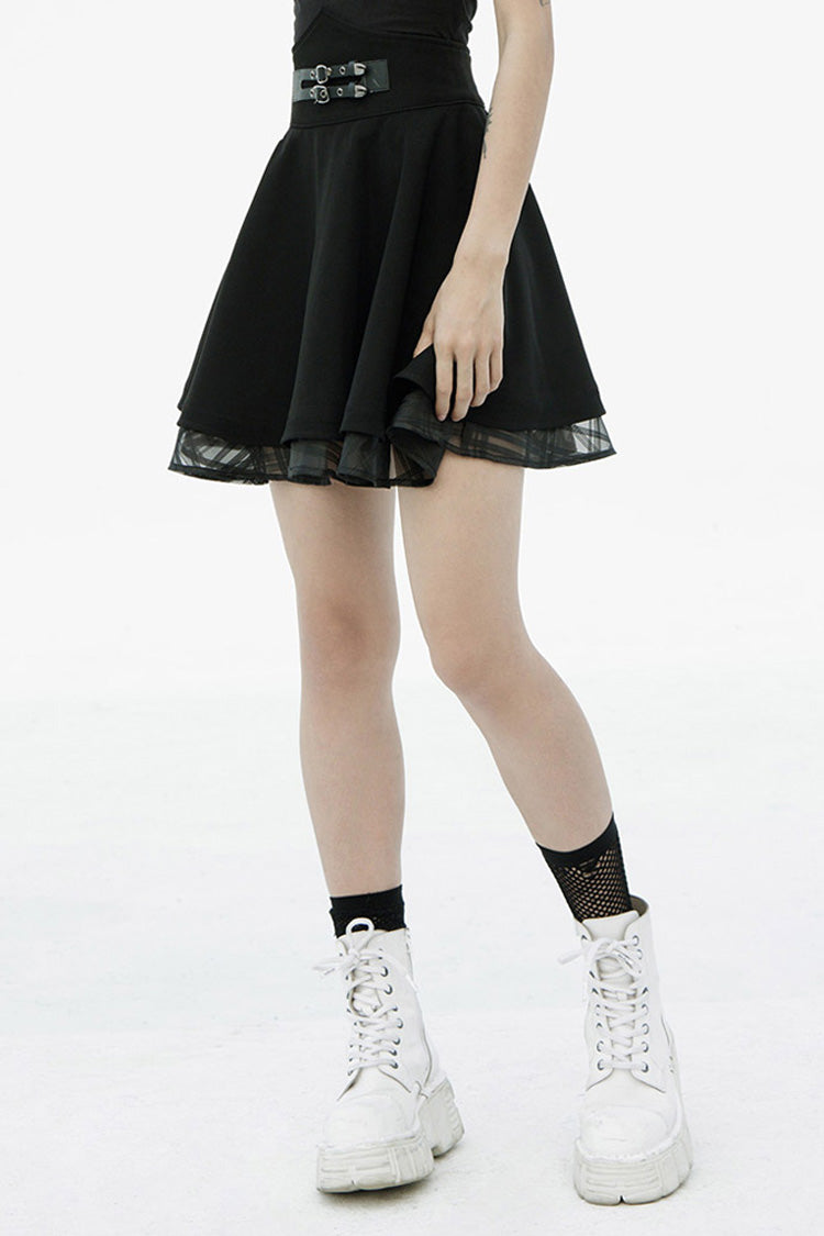 Women's Punk Skirt in Black with Metal Buckle Loops, High Waist & Mesh Splice
