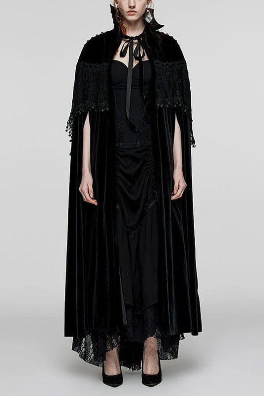 Gothic Cloak with Stand Collar, Lace Stitching and Nail Decorations