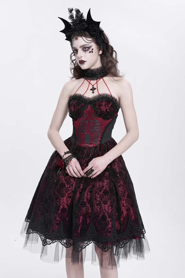 Crimson Halterneck Skeleton Print Embroidered Stitching Lace Gothic Gown