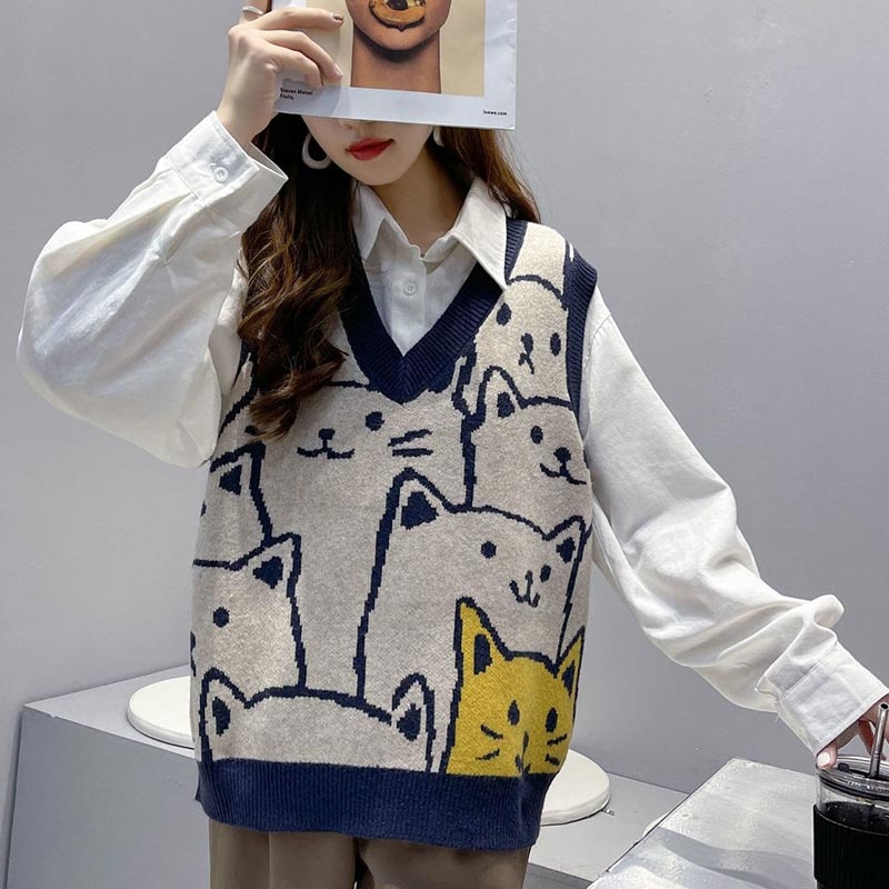 Cute Kitty Print Vest Lace Up Shirt Set