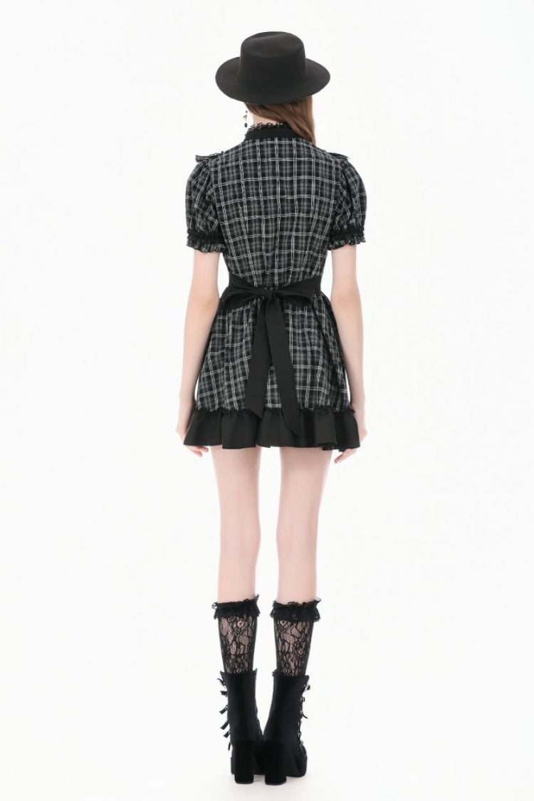 Monochrome Gothic Lolita Dress with Plaid, Stand Collar, and Lace-Up Front