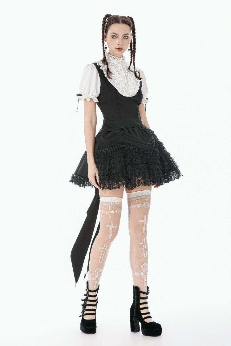 Monochrome Gothic Royal Blouse with Lace Ruffles and Stand Collar