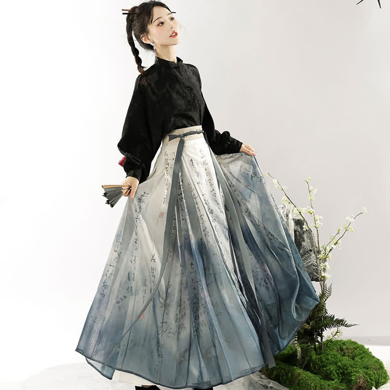 Vintage Long Sleeve Jacquard Shirt Character Print Pleated Skirt