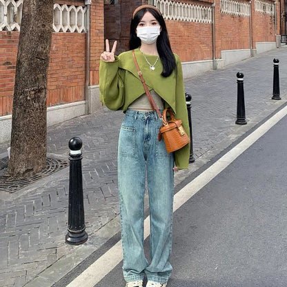 Green Cross Knit Crop Sweater Cami Pocketed Denim Pants