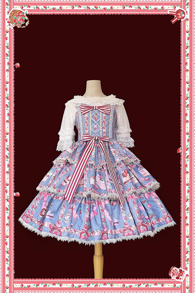 Strawberry Afternoon Tea Themed Sweet Lolita Tiered Dress with Ice Cream Print