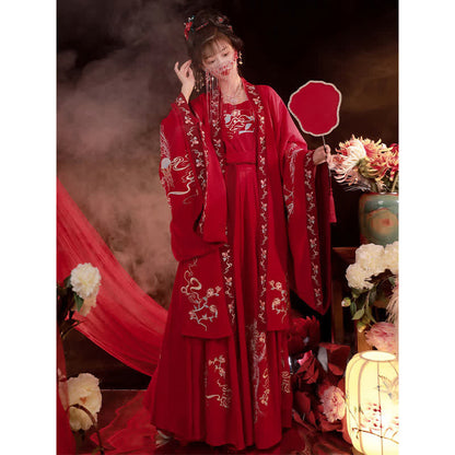 Red Phoenix Embroidery Tank Top Big Sleeve Cardigan Shirt Skirt Hanfu Set