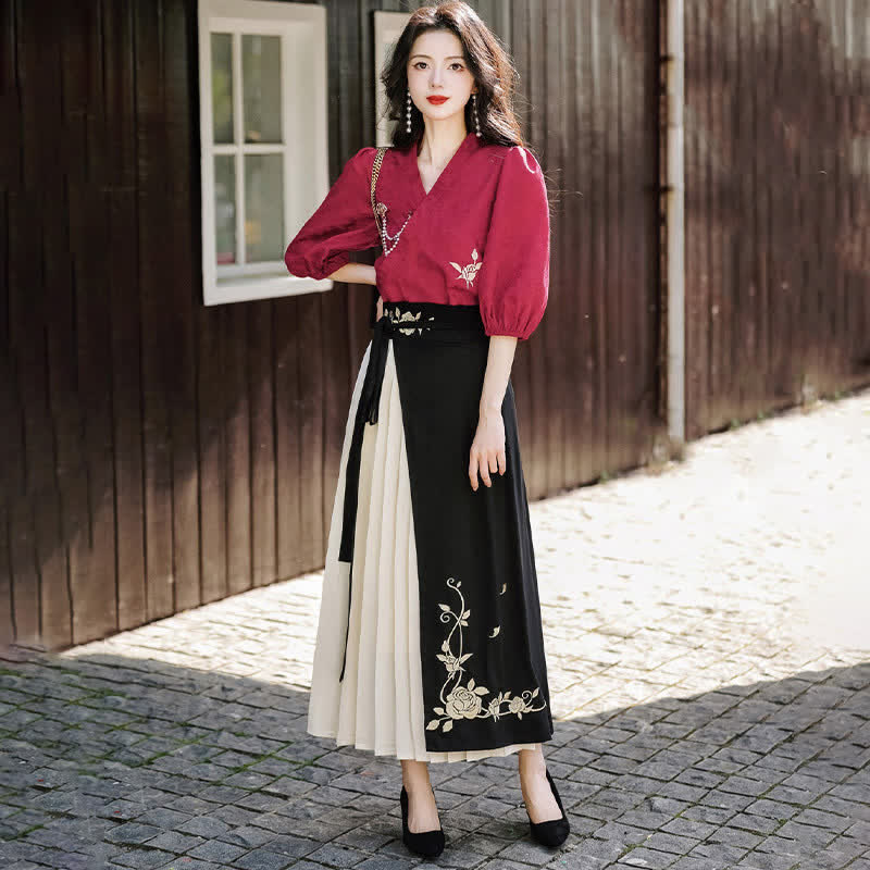 Vintage Rose Embroidery Shirt Stitching Pleated Skirt