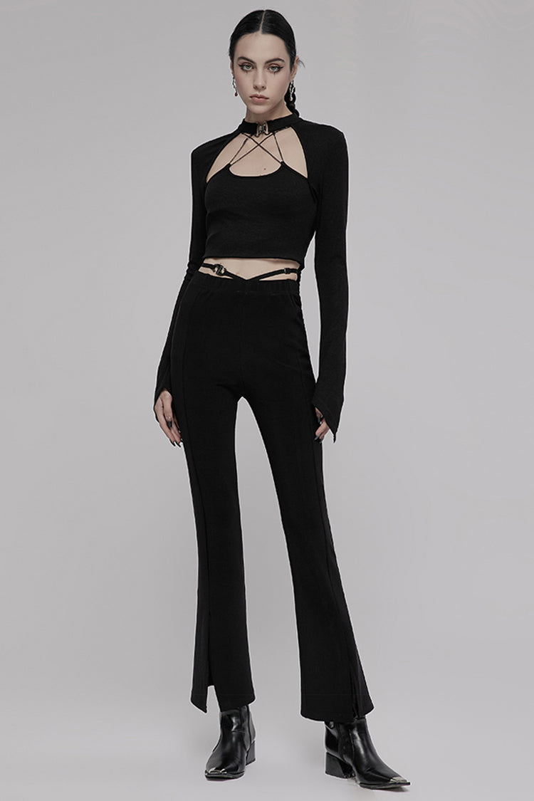 Women's Punk Pants with Hollow V-Shaped Decorative Bottom Slit Strap Micro Flare