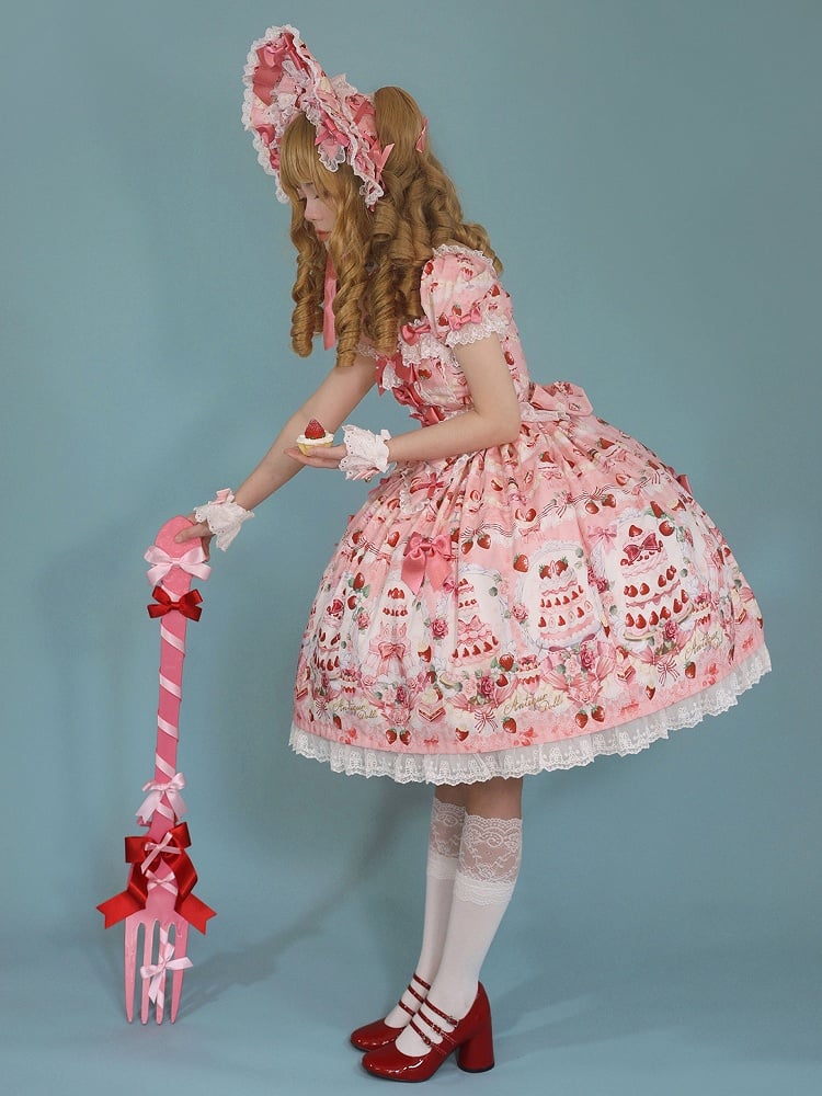 Print Strawberry Pink Sweet Accents Bow Set Full Dress Cake Lolita /