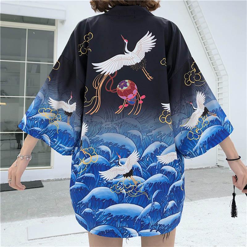 Crane Print Belted Kimono Outerwear Sun Protective