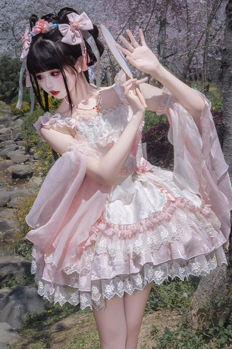 Blush Ruffle Embroidered Bow Chinese Style Elegant Sweet Jumper Dress - Lyrics in the Midst of Flowers