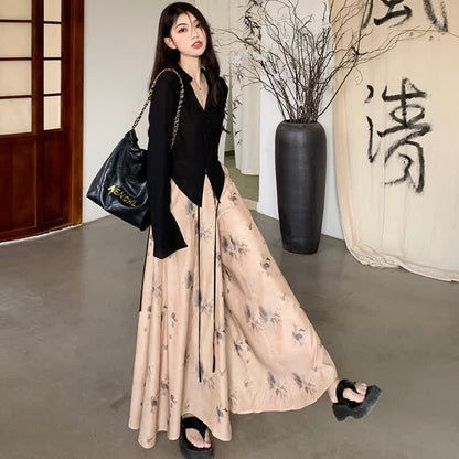 Elegant Lace Up Flared Sleeve Top Vintage Floral Print Wide Leg Pants