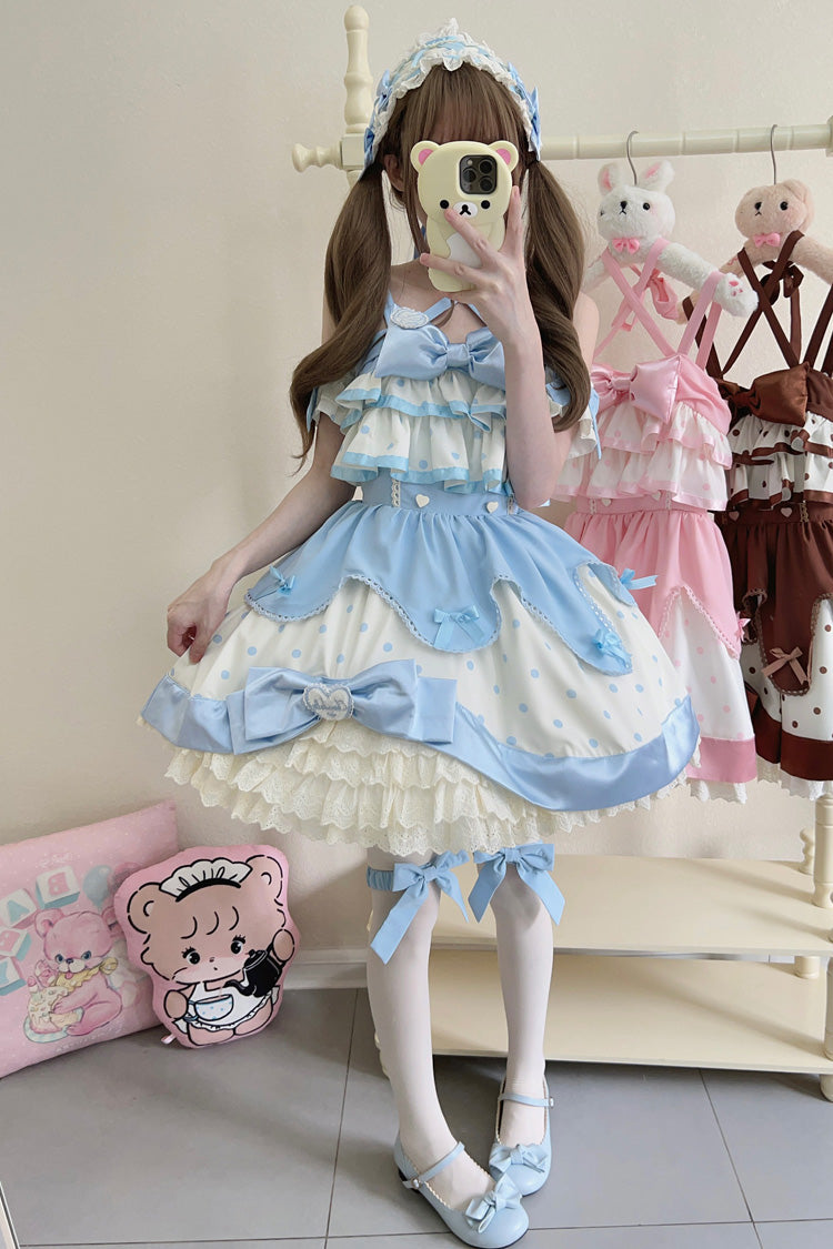 Blue Cream Polka Dot Ruffled Bowknot Sweet Lolita Jumper Dress
