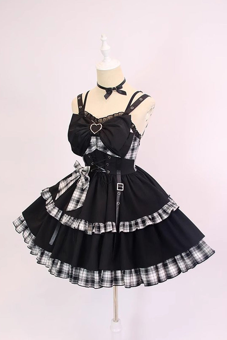 Monochrome Gothic JSK with Plaid, Leather Buckle, and Contrast Ruffles