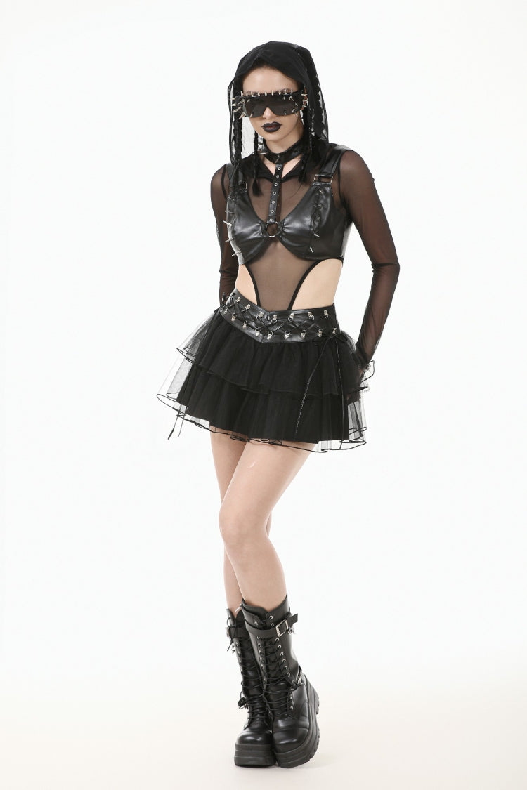 Ebony Studded Faux Leather Punk Corset Crop Top with Adjustable Clasps