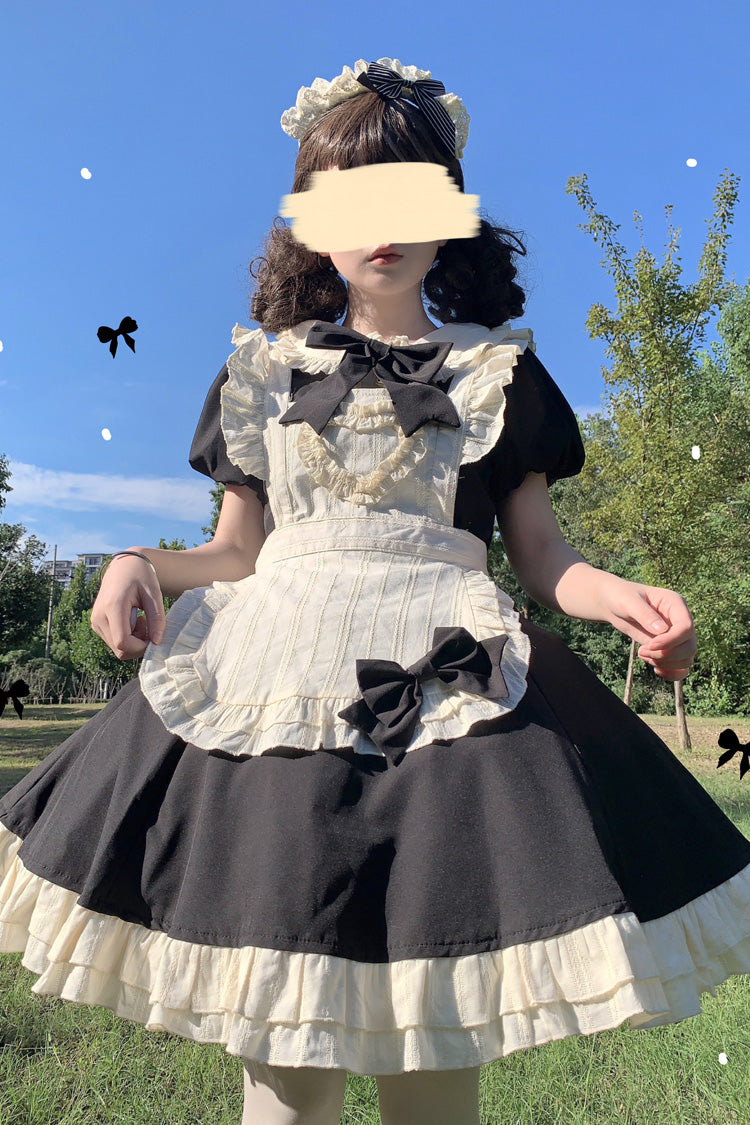 Black/White Maid Long Sleeve Bow Accent Sweet Short Lolita Dress