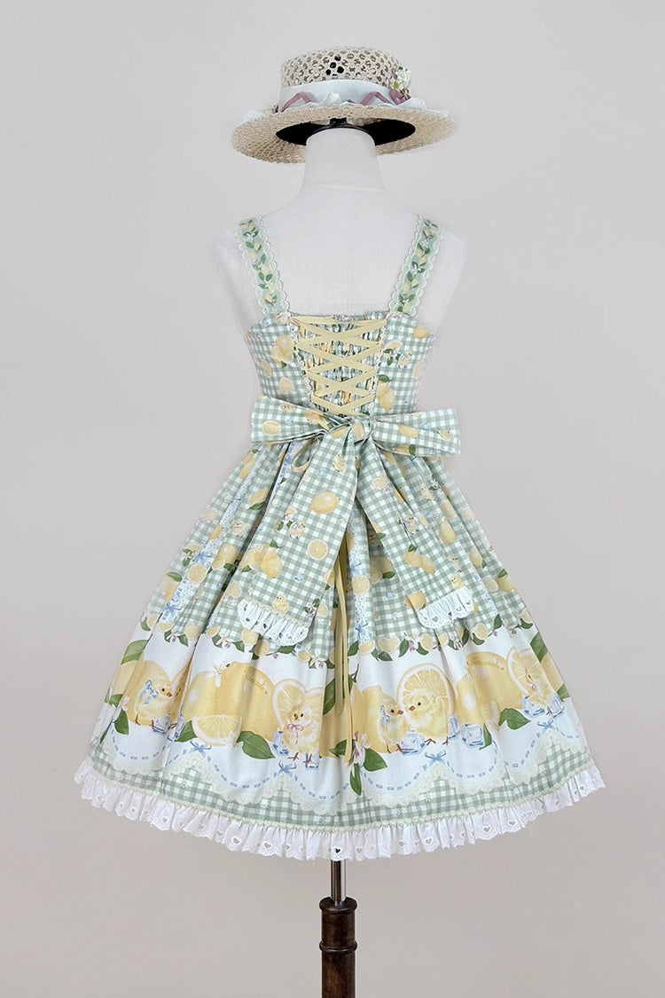 Verdant Printed Ruffle Bow Lace Sweet Jumper Dress - Lemon Chicken