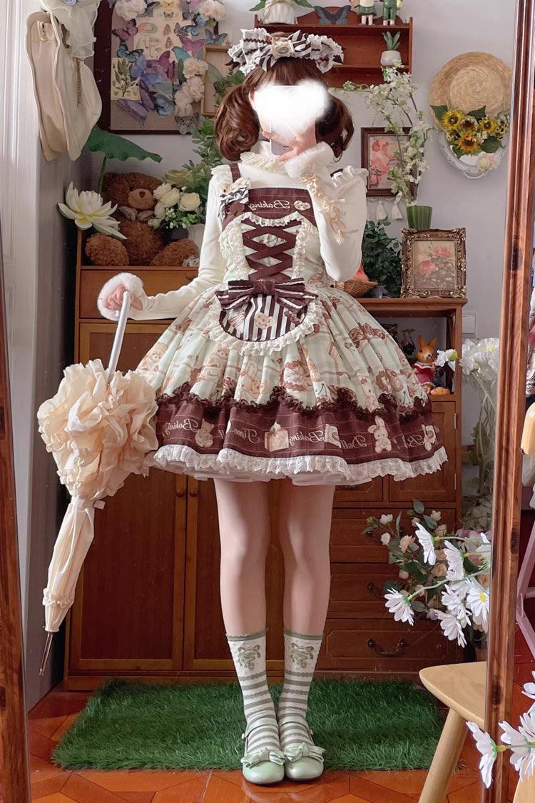 Doll Tea Party Sleeveless Printed Ruffle Bow Corset Sweet Lolita JSK Dress in Three Shades